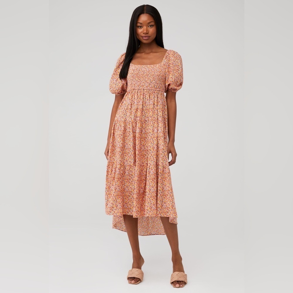 MINKPINK Floral High Low Puff Sleeve Square Neck Dress 100% Cotton Size Medium
